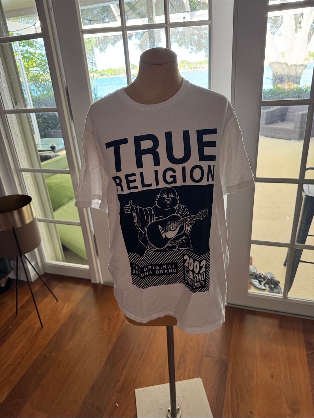 True Religion White Tee with Navy Graphic Buddha